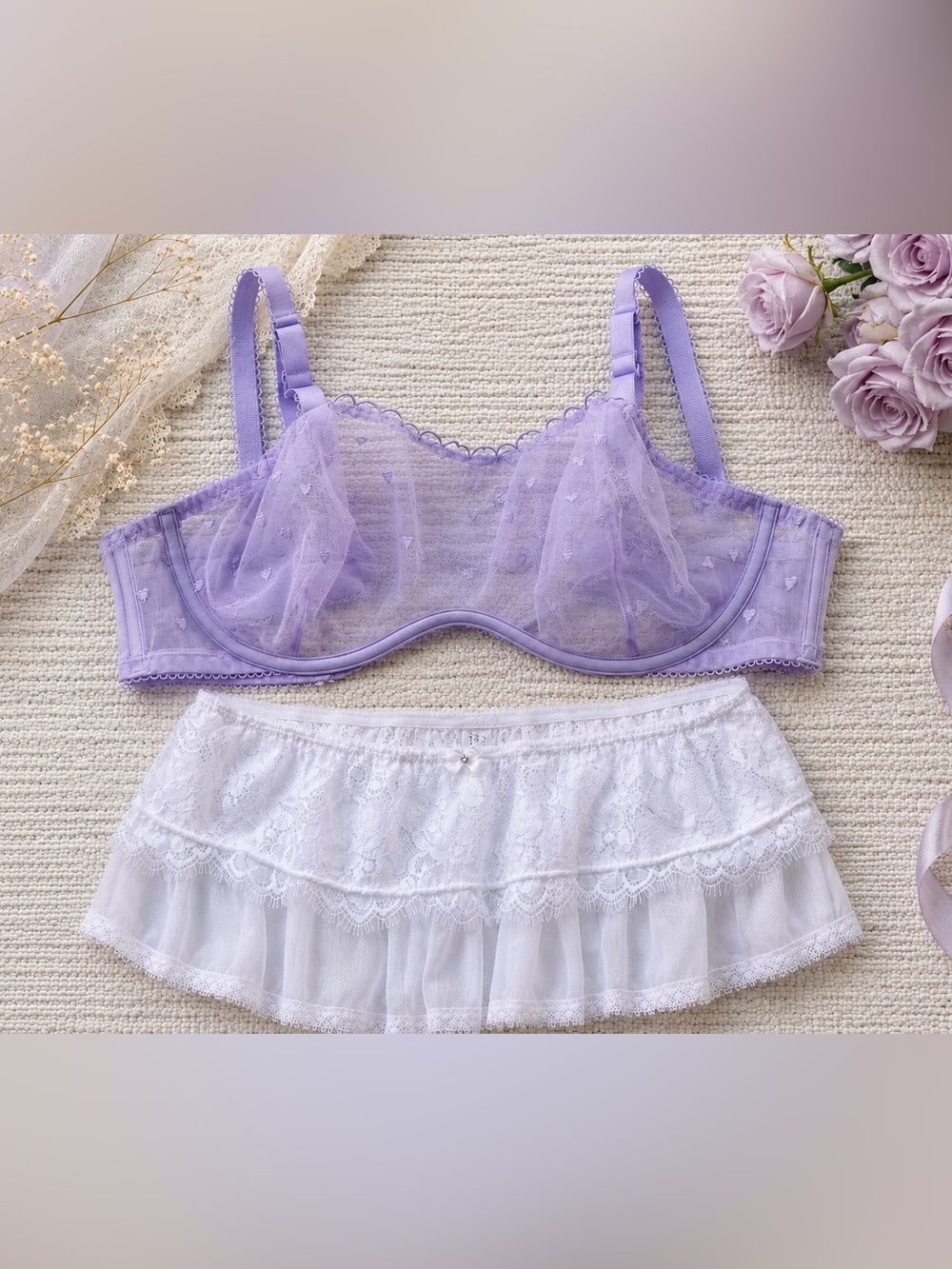 Victoria’s Secret L Lilac Heart Mesh Bra & Frederick’s Lace Skirt Set